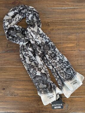 Boutique Moschino Black Floral Lace Graphic Silk Scarf NWT